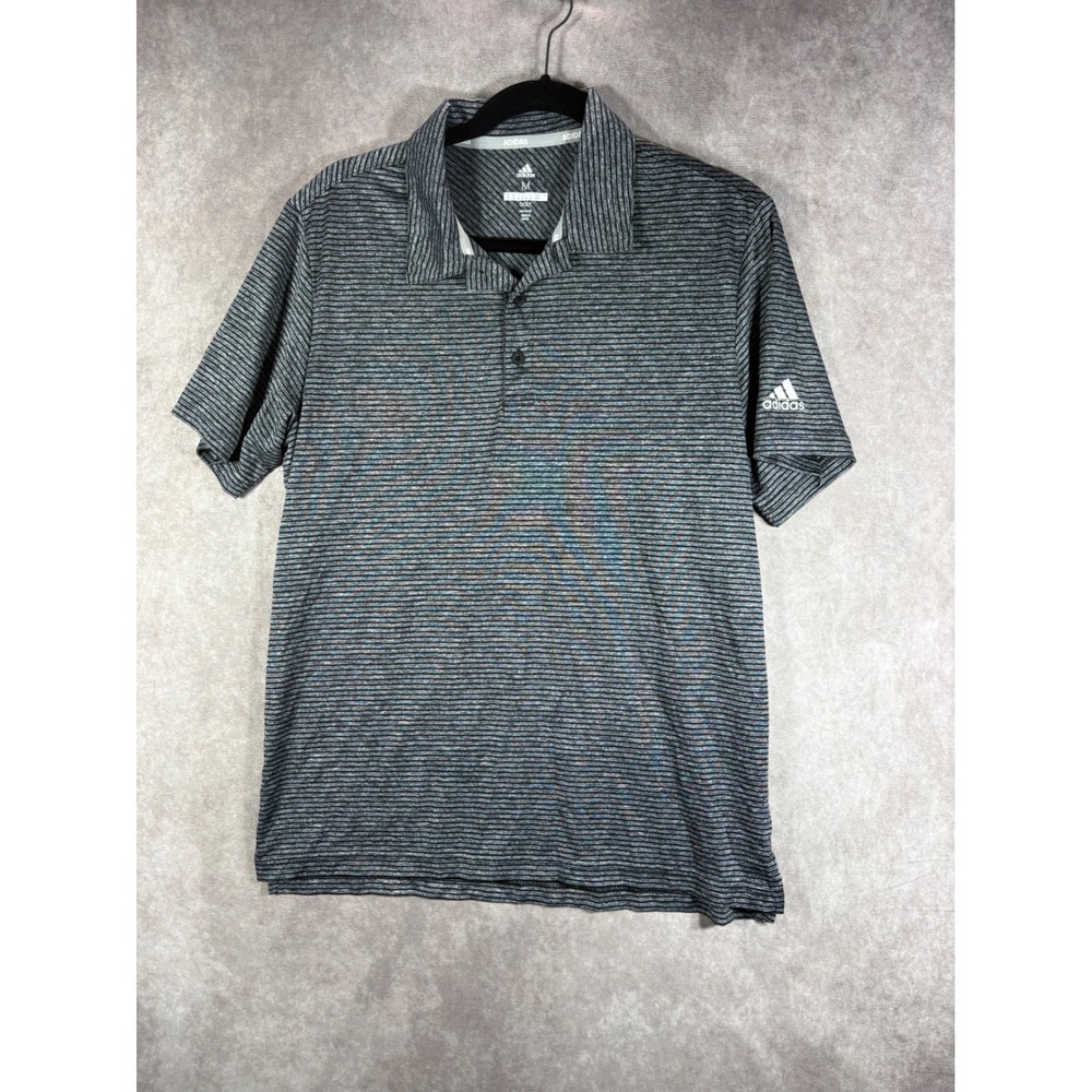 Adidas Polo Shirt Men Medium Gray Golf Striped Short Sleeve Performance Athletic